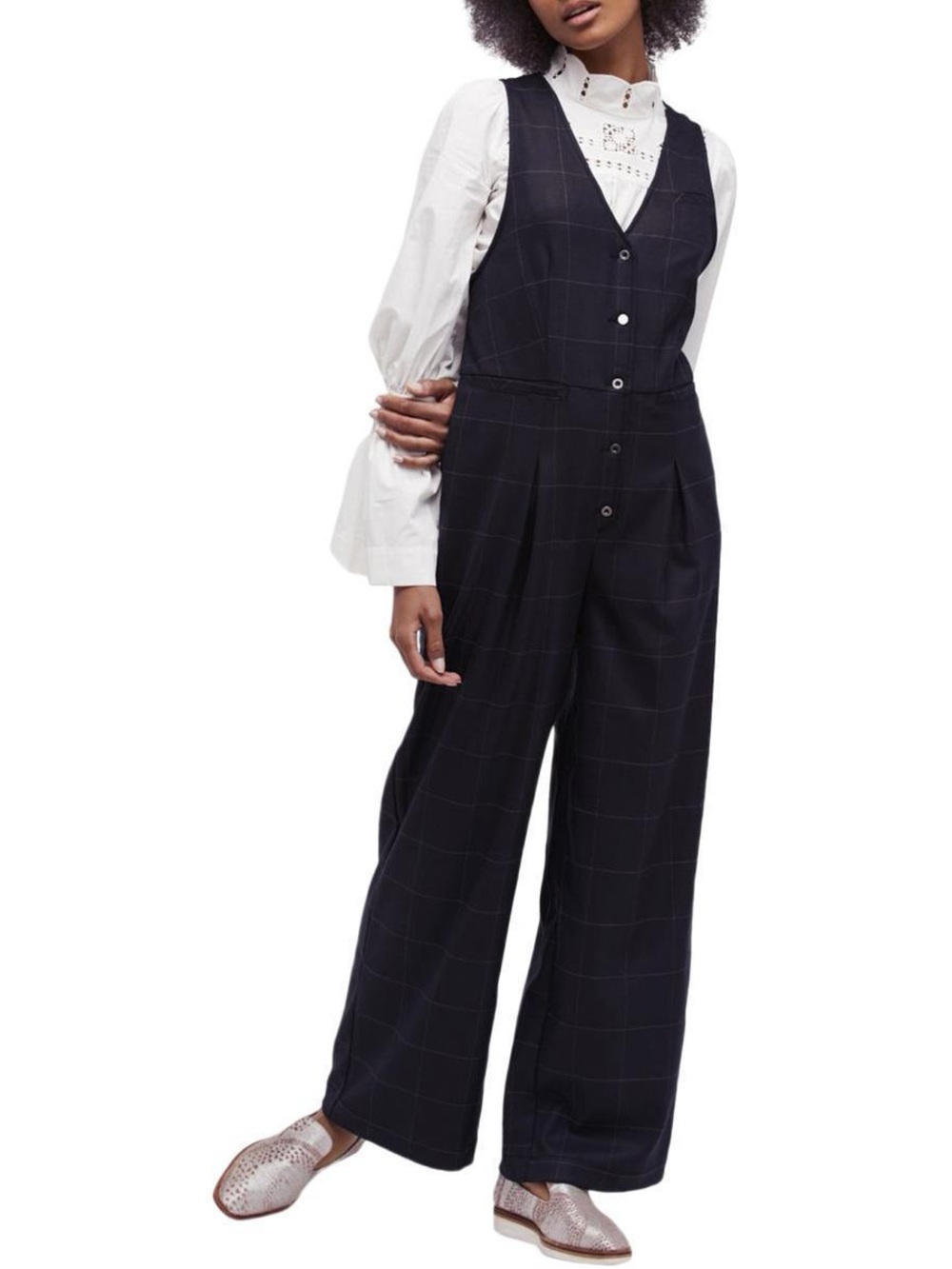 Free People Wide-Leg Windowpane Plaid Button Front Jumpsuit - Size 0